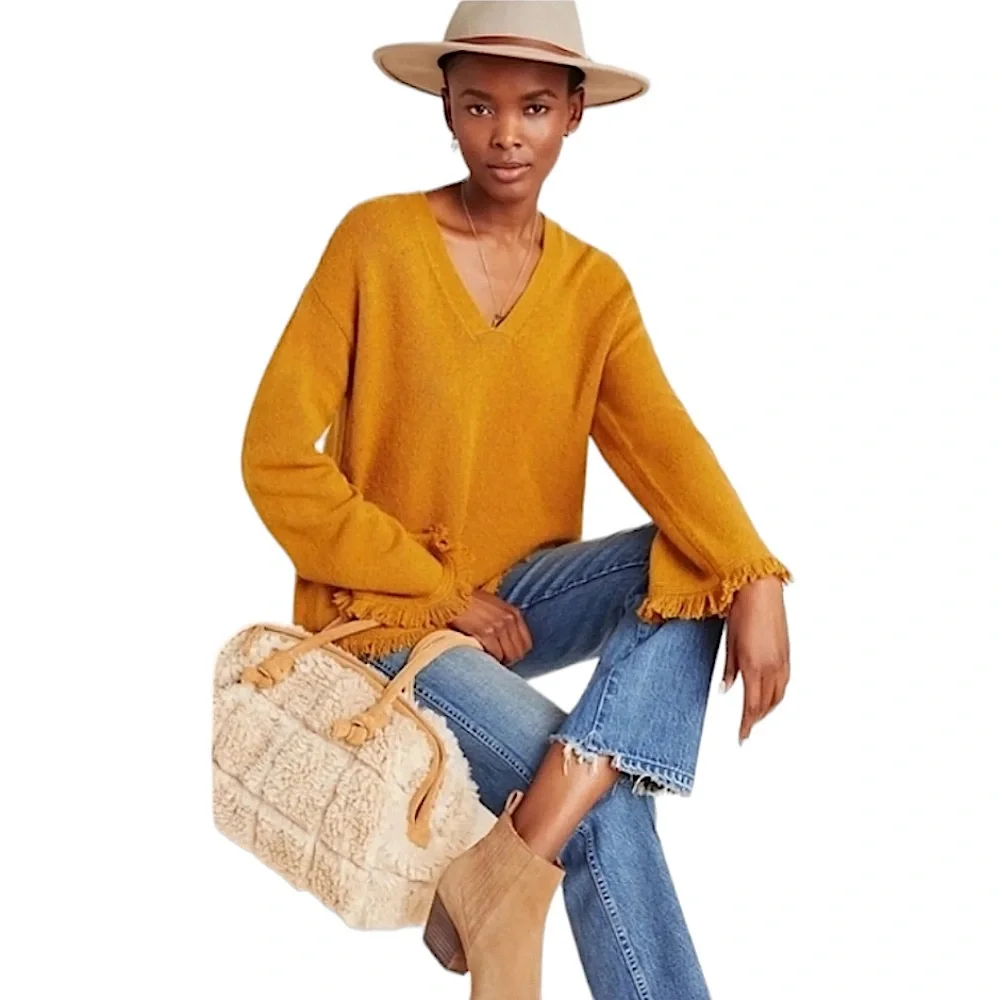 By Anthropologie Joy Fringed V-Neck Alpaca Blend Sweater size XS